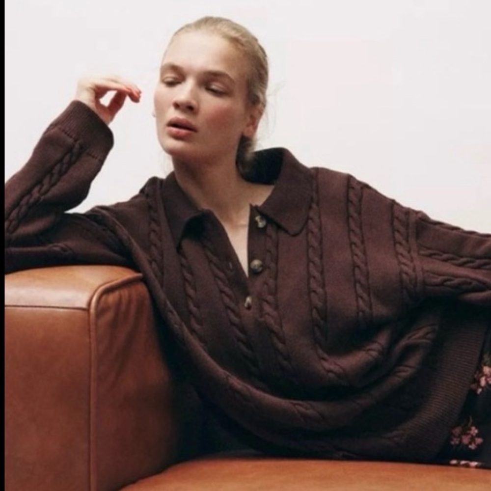 ZARA CABLE KNIT POLO SWEATER | Brown | S | NWT